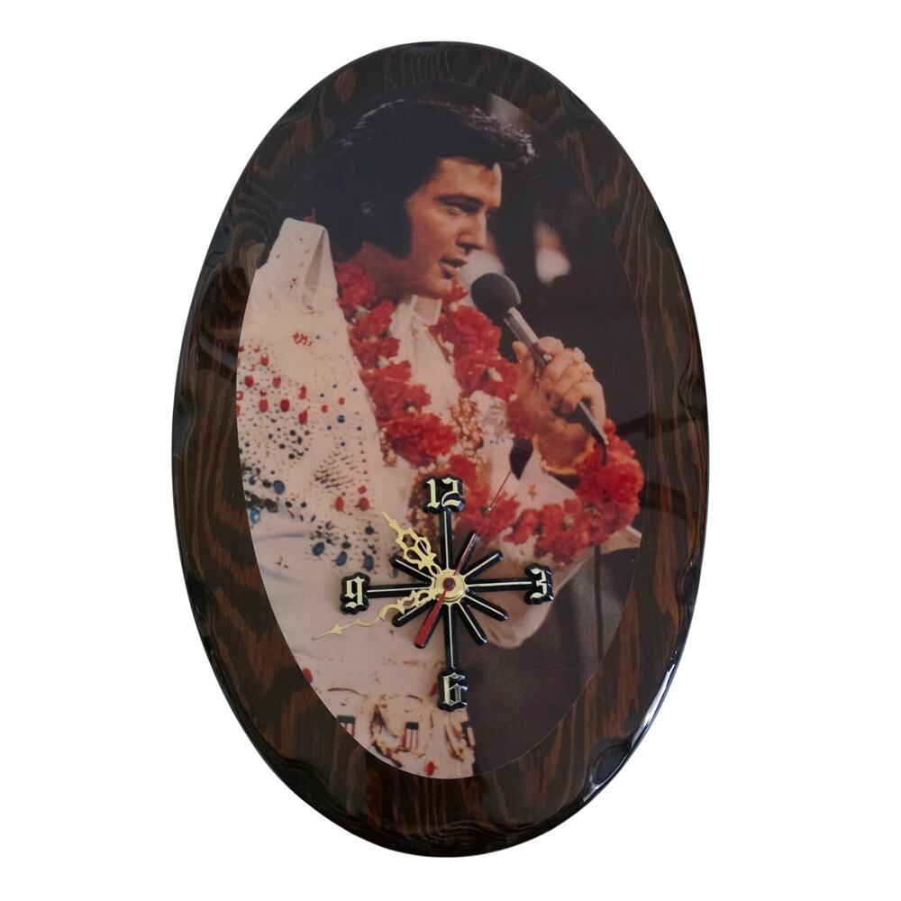 Vintage Elvis Presley Wall Clock Oval Wooden Battery Operated Quartz